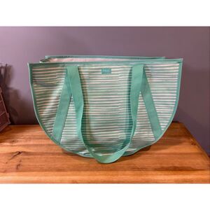 Thirty-One Round Utility Tote Miami Stripe aqua and white